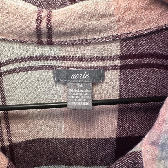 Women's M Aerie Lightweight Plaid Flannel Shirt Pink Raw Hem - Picture 7 of 9